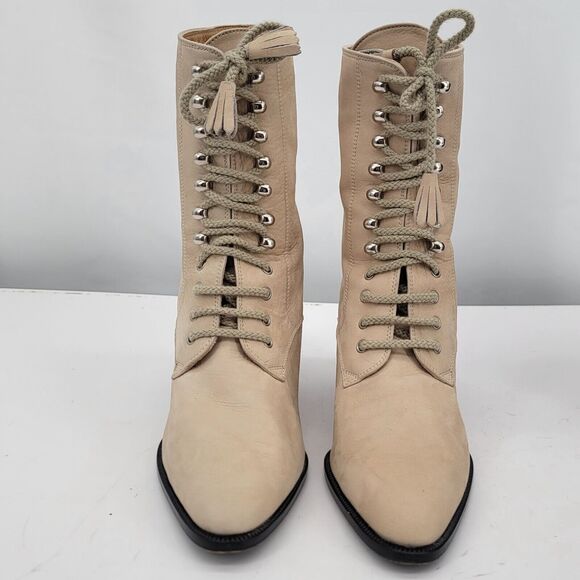 Moschino Size 6.5 Suede Leather Lace Up Bootie‎ Cream Ankle Boots Pointed Toe - Picture 2 of 12
